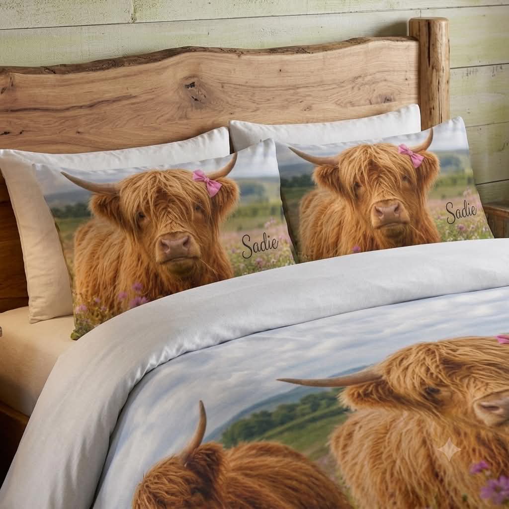 Highland Cow Cotton Duvet Set – Floral Meadow Bedding for Farmhouse Bedrooms