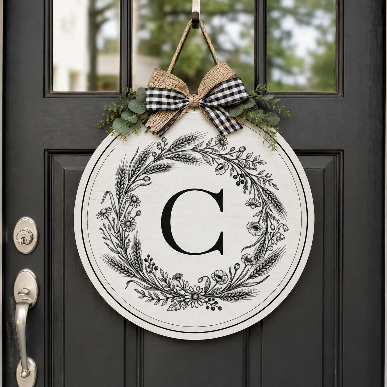 Wooden Round Hanging Sign — Monogram Floral Wreath (Personalized Home Décor)