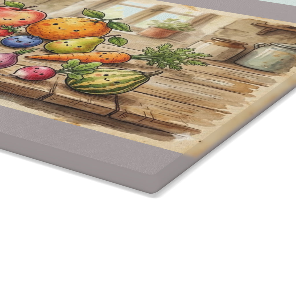 Glass Cutting Board — Charming Farmhouse Fruits Kitchen Cutting Board with Cute Fruit Illustration