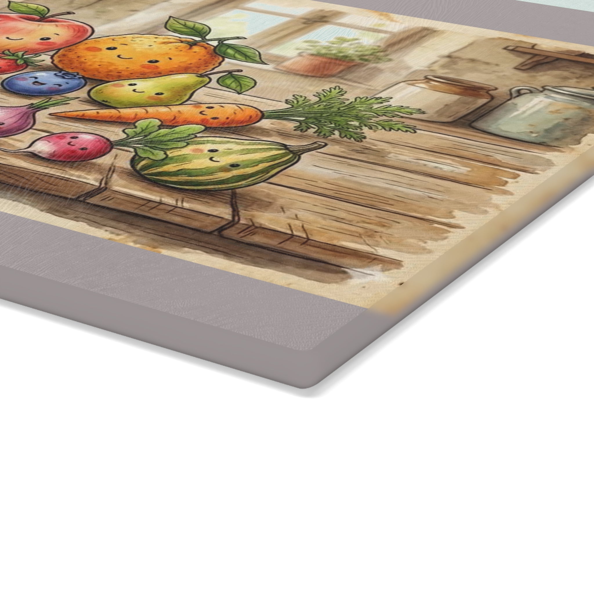 Glass Cutting Board — Charming Farmhouse Fruits Kitchen Cutting Board with Cute Fruit Illustration