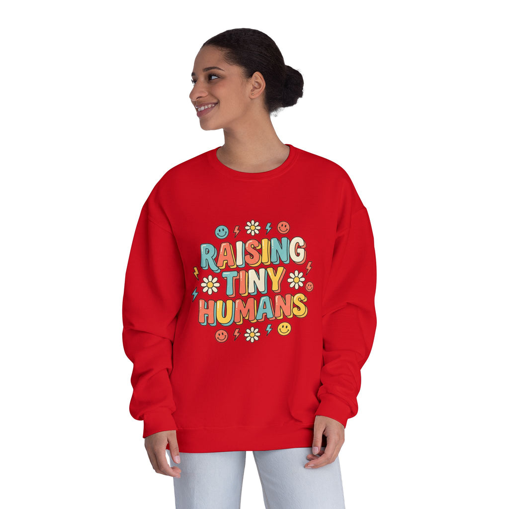 Crewneck Sweatshirt — "Raising Tiny Humans" Colorful Retro Parent Tee