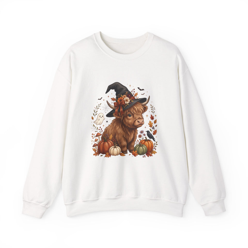 Halloween Highland Cow Sweatshirt – Cute Witch Hat & Pumpkins Fall Crewneck