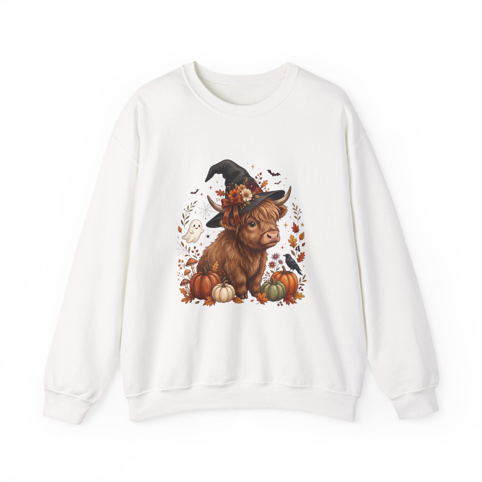 Halloween Highland Cow Sweatshirt – Cute Witch Hat & Pumpkins Fall Crewneck