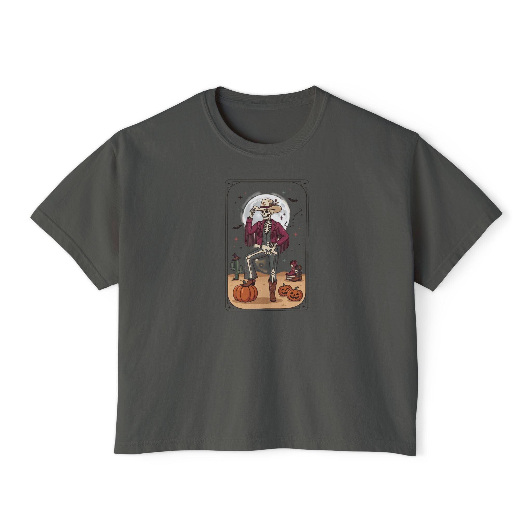 Witch Cat Tarot Boxy Tee — Fall Pumpkin Magic Women’s T-Shirt
