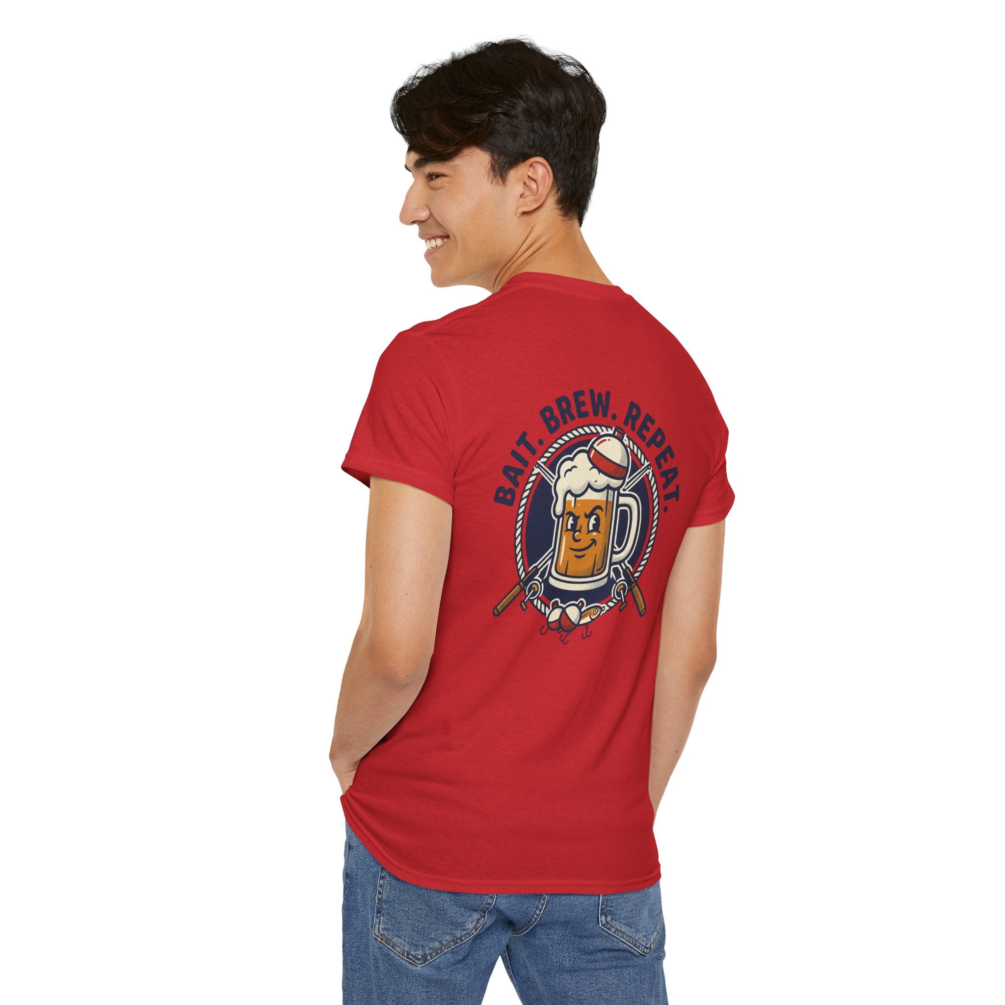 Beer & Fishing T-Shirt — “Bait. Brew. Repeat.” Graphic Tee