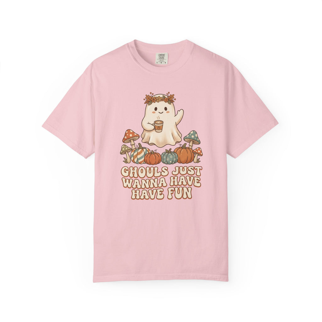 Halloween Ghost T-Shirt — "Ghouls Just Wanna Have Fun" Cute Pumpkin & Mushroom Tee