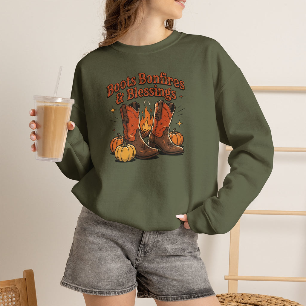"Boots Bonfires & Blessings" Cozy Fall Pullover
