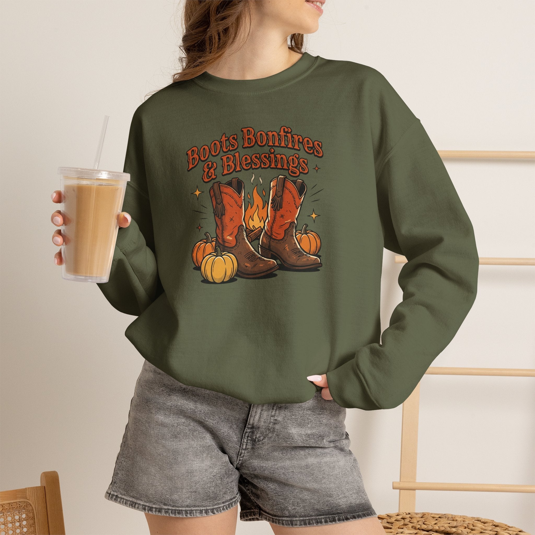 "Boots Bonfires & Blessings" Cozy Fall Pullover