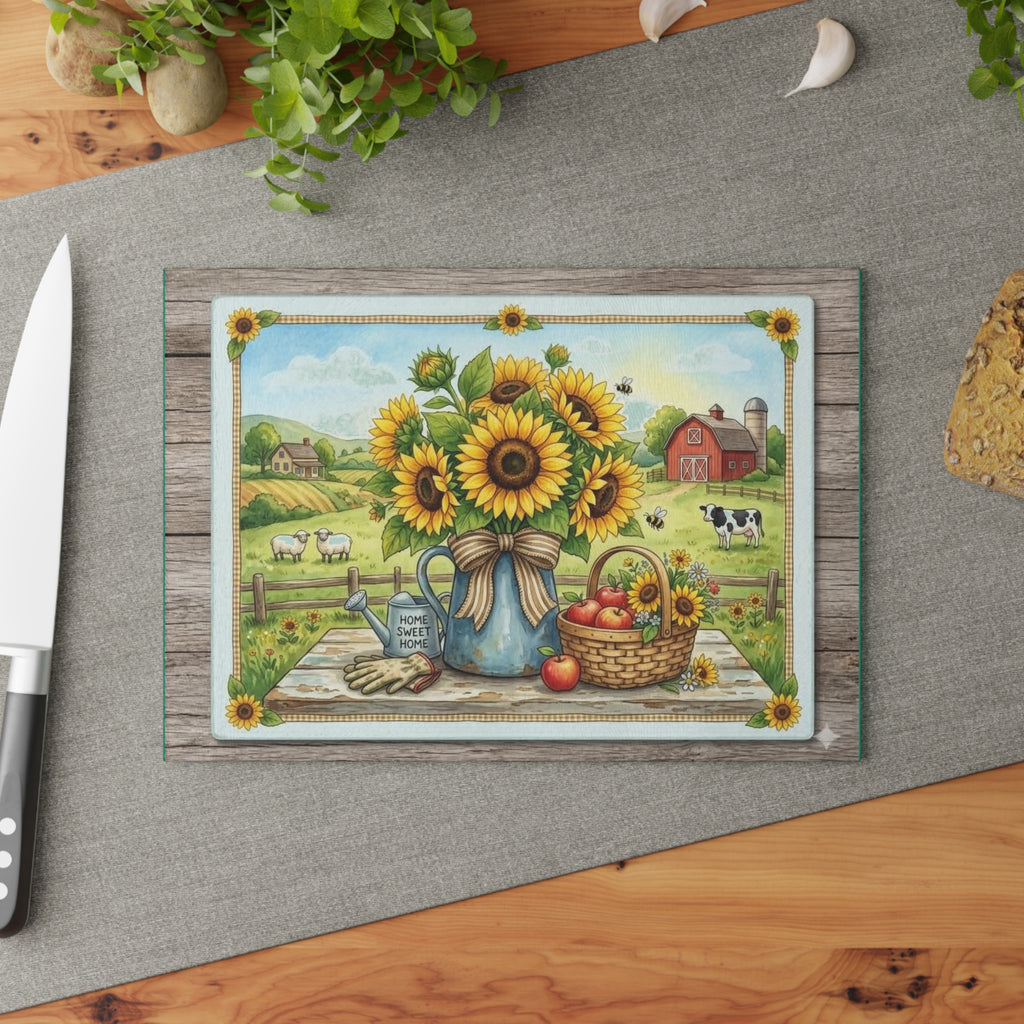 Sunflower Farm Glass Cutting Board – Country Kitchen Decor