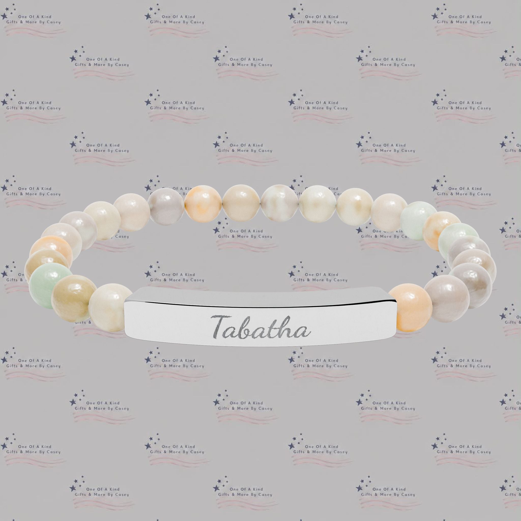 Engravable Natural Stone Bead Stretch Bracelet — Personalized Bar Bracelet