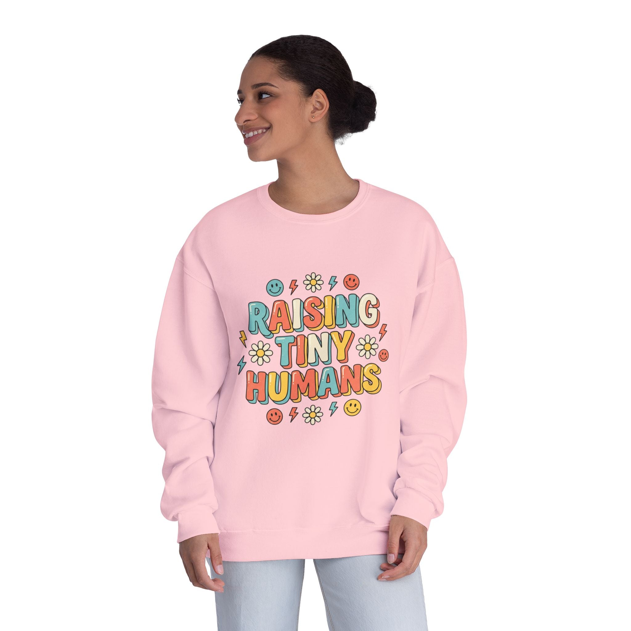 Crewneck Sweatshirt — "Raising Tiny Humans" Colorful Retro Parent Tee