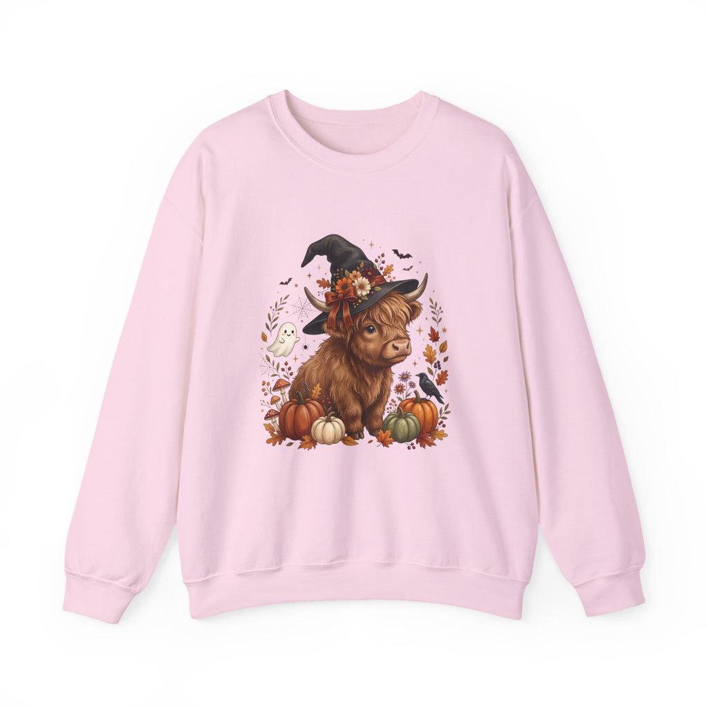 Halloween Highland Cow Sweatshirt – Cute Witch Hat & Pumpkins Fall Crewneck