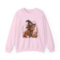 Halloween Highland Cow Sweatshirt – Cute Witch Hat & Pumpkins Fall Crewneck