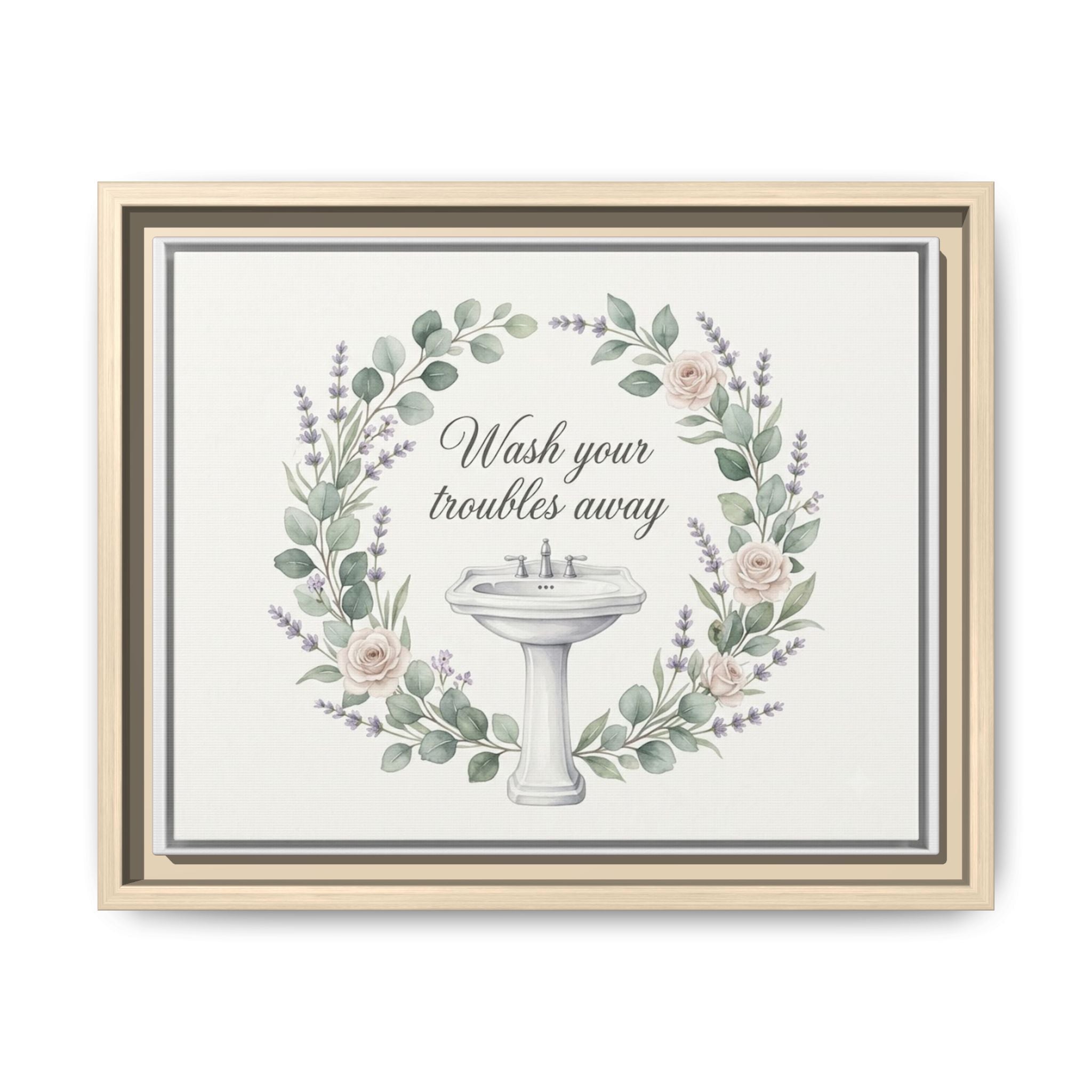 Framed Matte Canvas Wall Art — "Wash Your Troubles Away" Floral Bathroom Sign