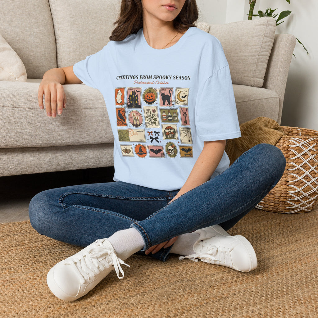 Halloween Stamp Collage T-Shirt — "Greetings From Spooky Season" Vintage Halloween Icons