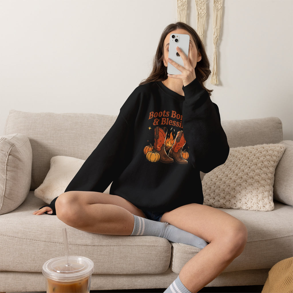 "Boots Bonfires & Blessings" Cozy Fall Pullover