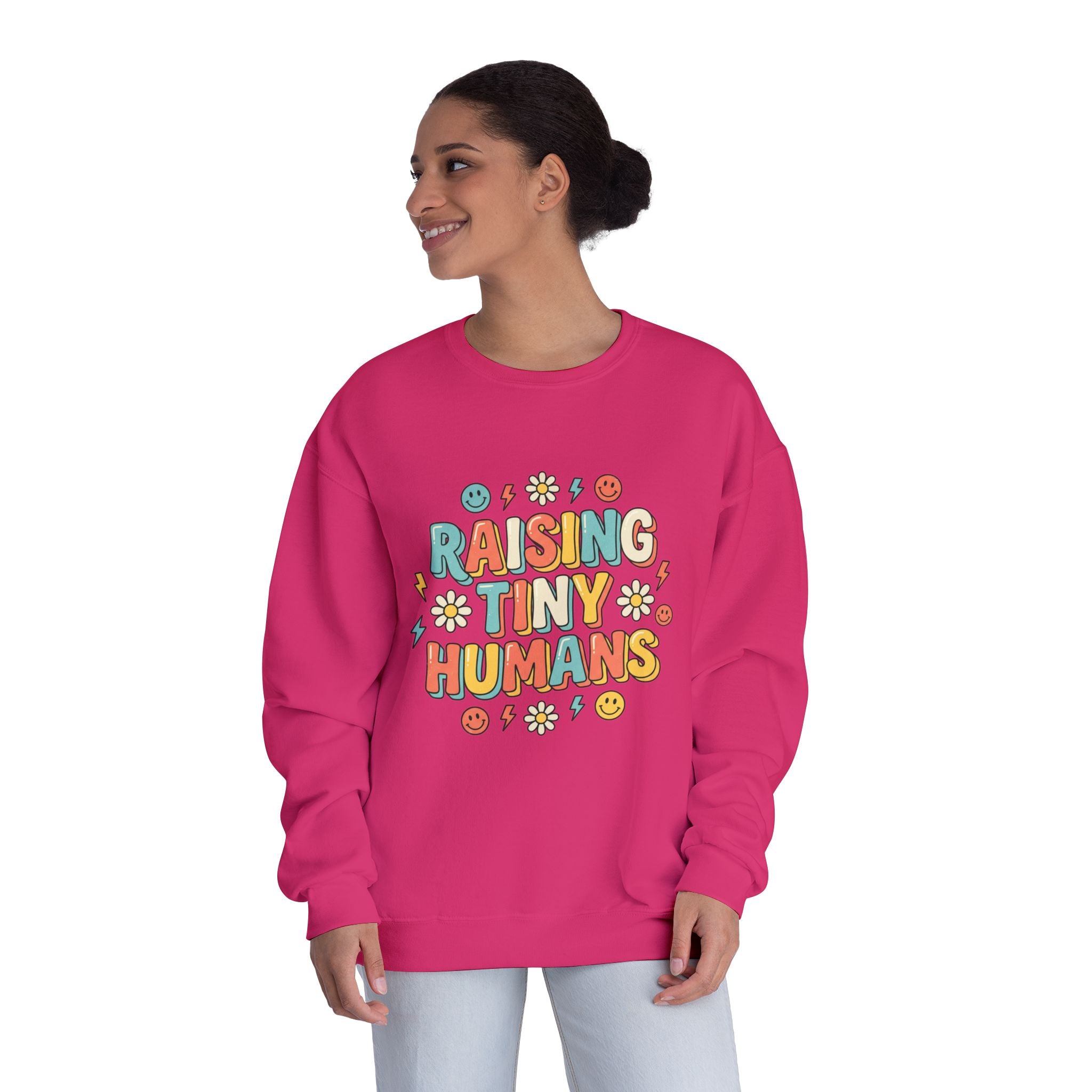 Crewneck Sweatshirt — "Raising Tiny Humans" Colorful Retro Parent Tee