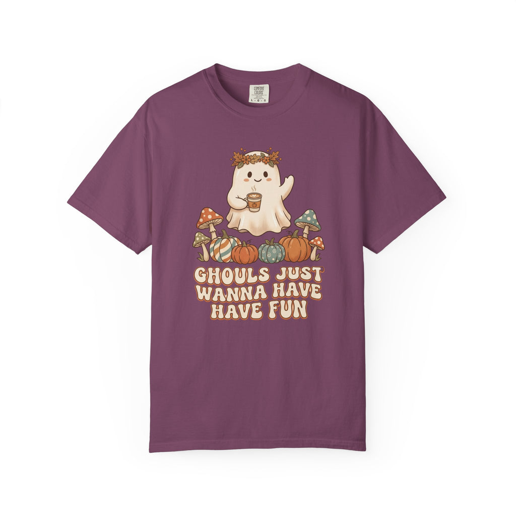 Halloween Ghost T-Shirt — "Ghouls Just Wanna Have Fun" Cute Pumpkin & Mushroom Tee