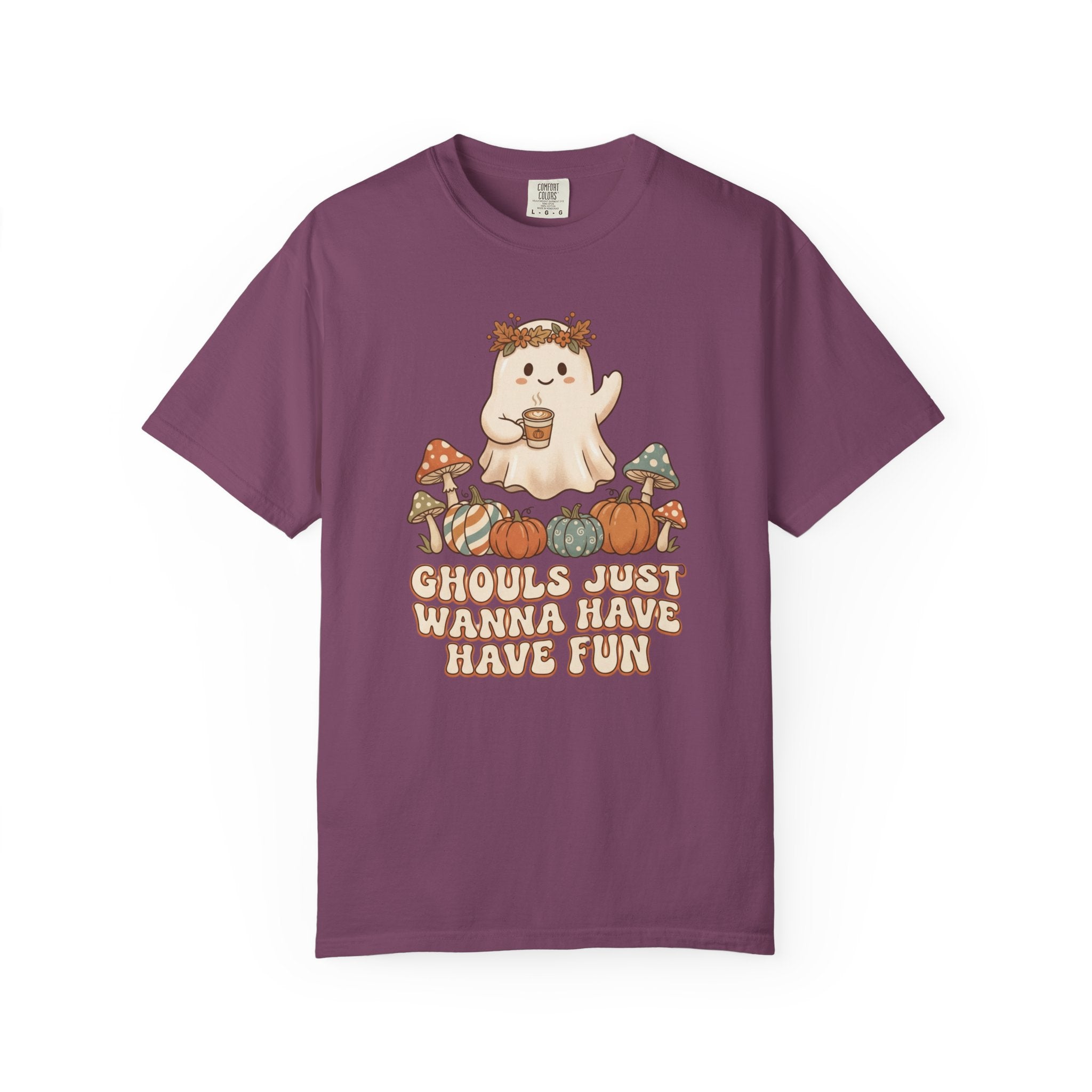 Halloween Ghost T-Shirt — "Ghouls Just Wanna Have Fun" Cute Pumpkin & Mushroom Tee