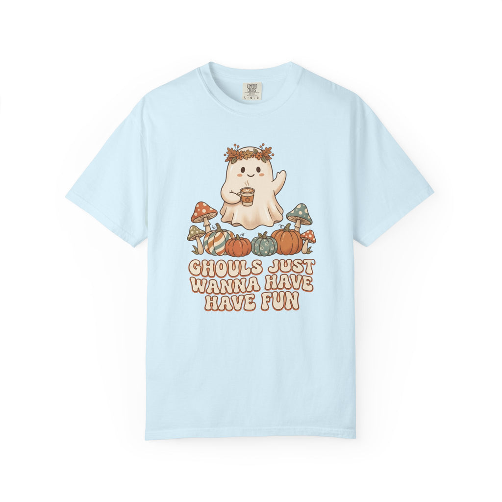 Halloween Ghost T-Shirt — "Ghouls Just Wanna Have Fun" Cute Pumpkin & Mushroom Tee