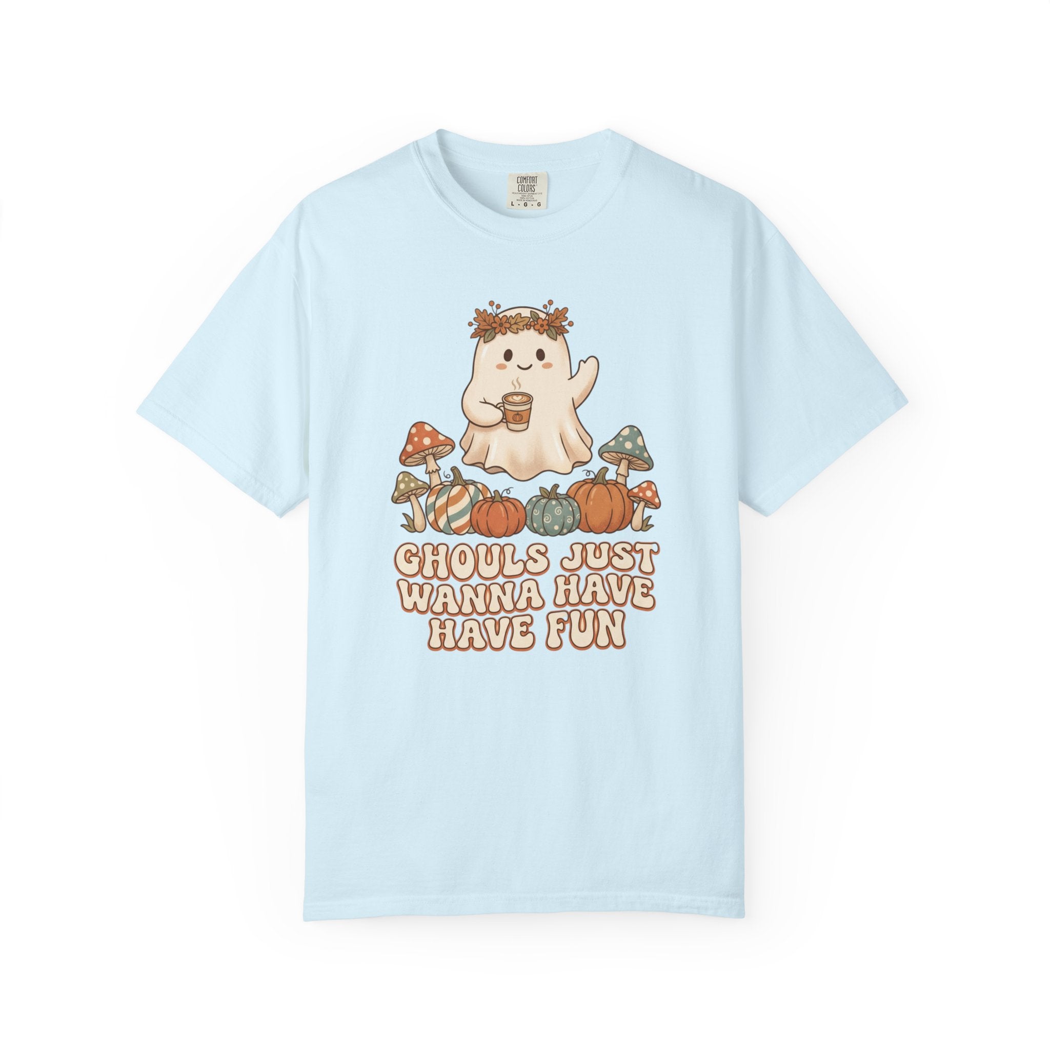 Halloween Ghost T-Shirt — "Ghouls Just Wanna Have Fun" Cute Pumpkin & Mushroom Tee
