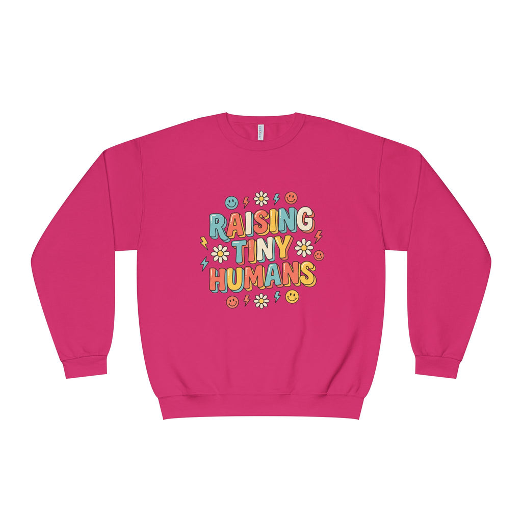 Crewneck Sweatshirt — "Raising Tiny Humans" Colorful Retro Parent Tee