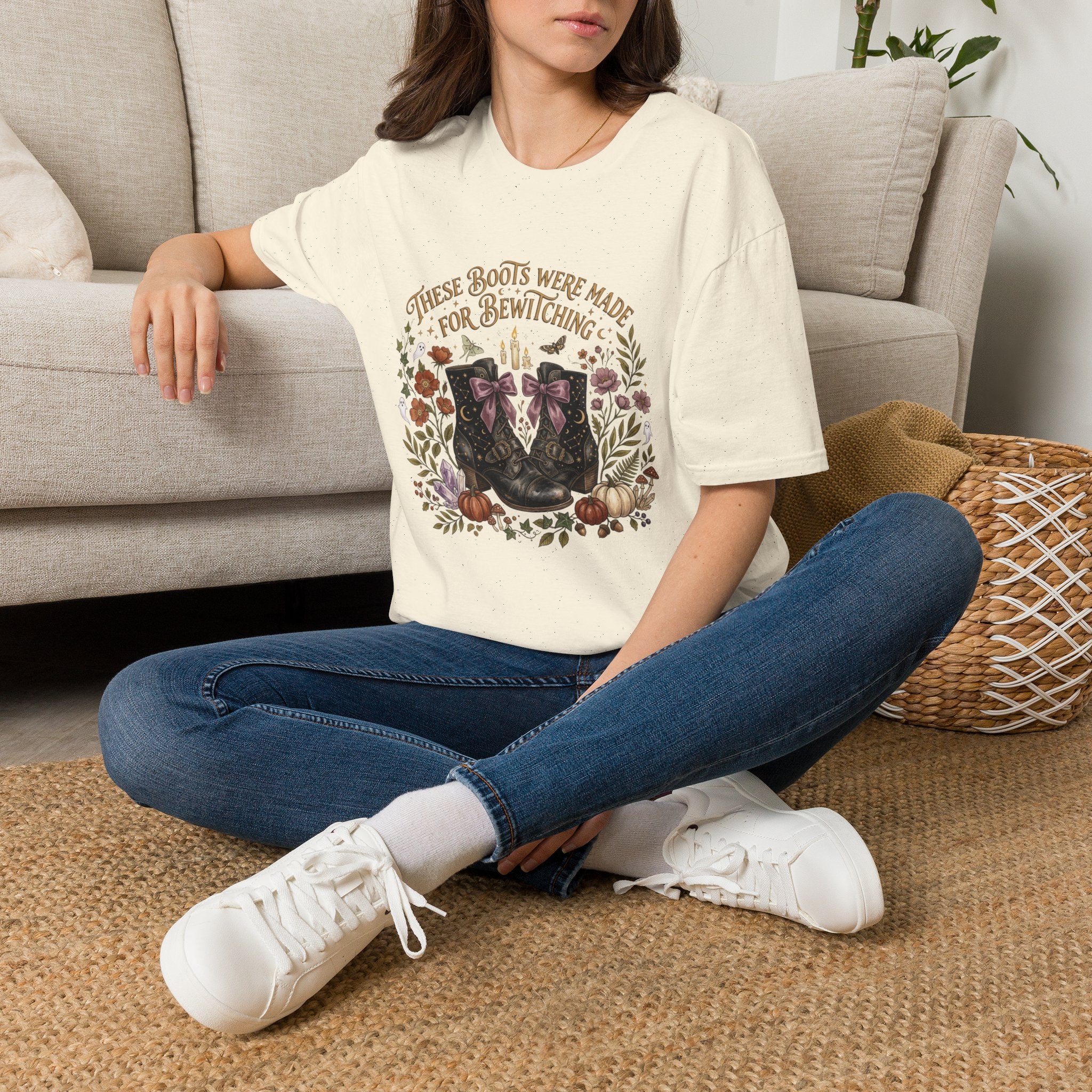 Witchy Boots T-Shirt — "These Boots Were Made for Bewitching" Floral Halloween Tee