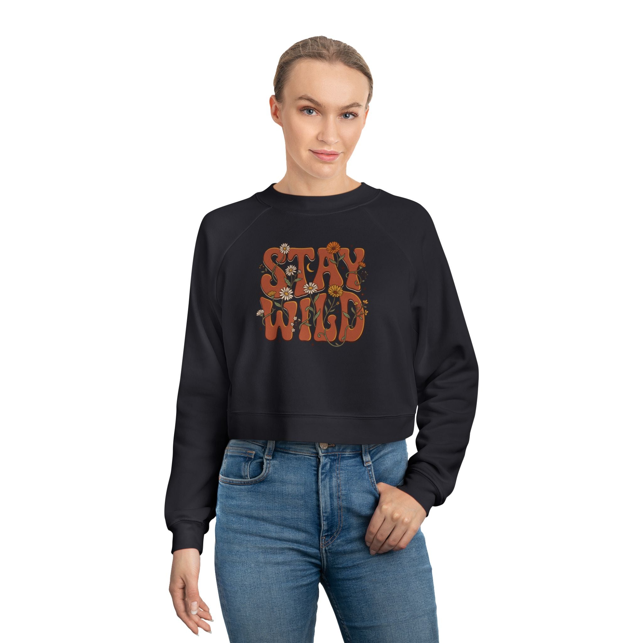 Cropped Pullover — "Stay Wild" Retro Floral Graphic