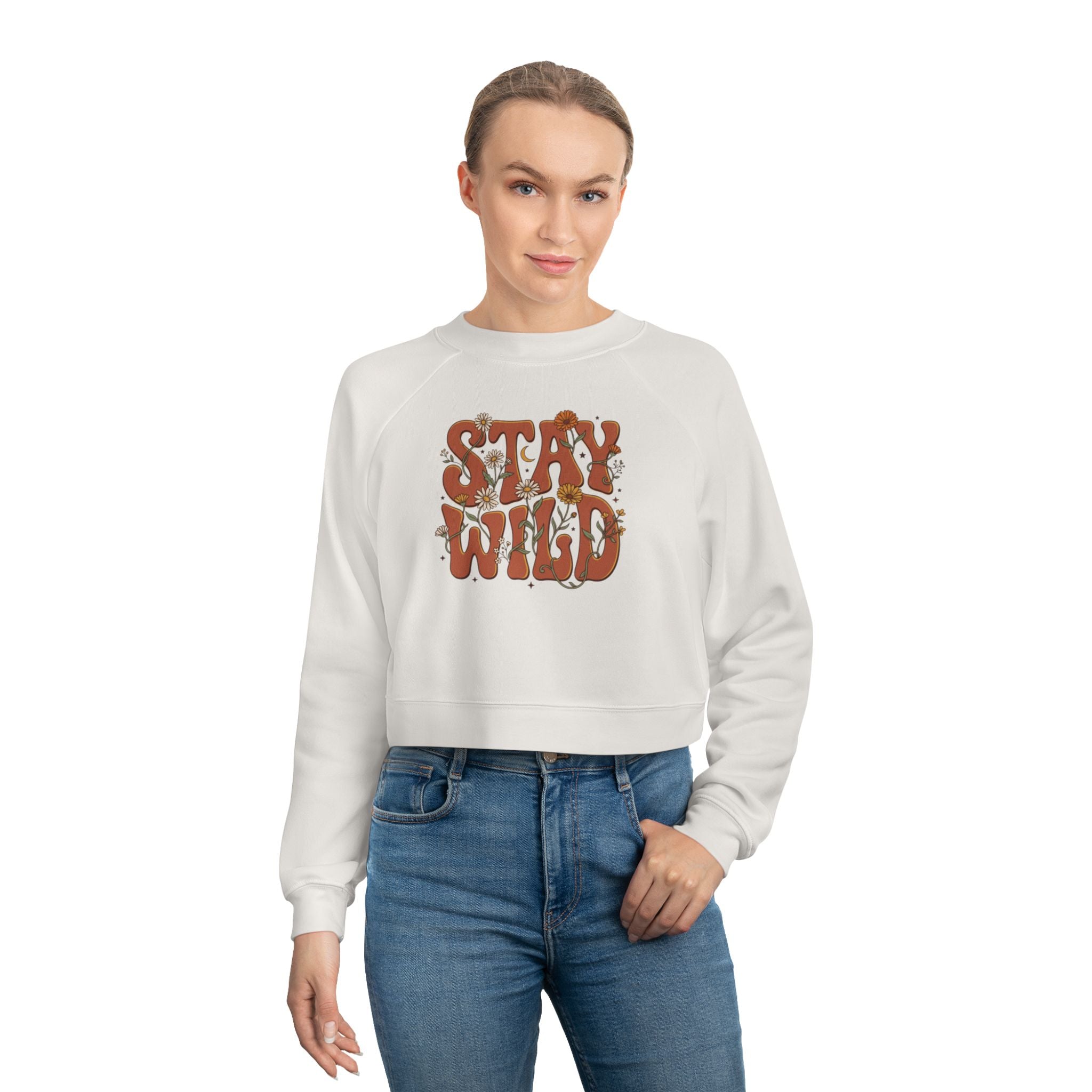 Cropped Pullover — "Stay Wild" Retro Floral Graphic
