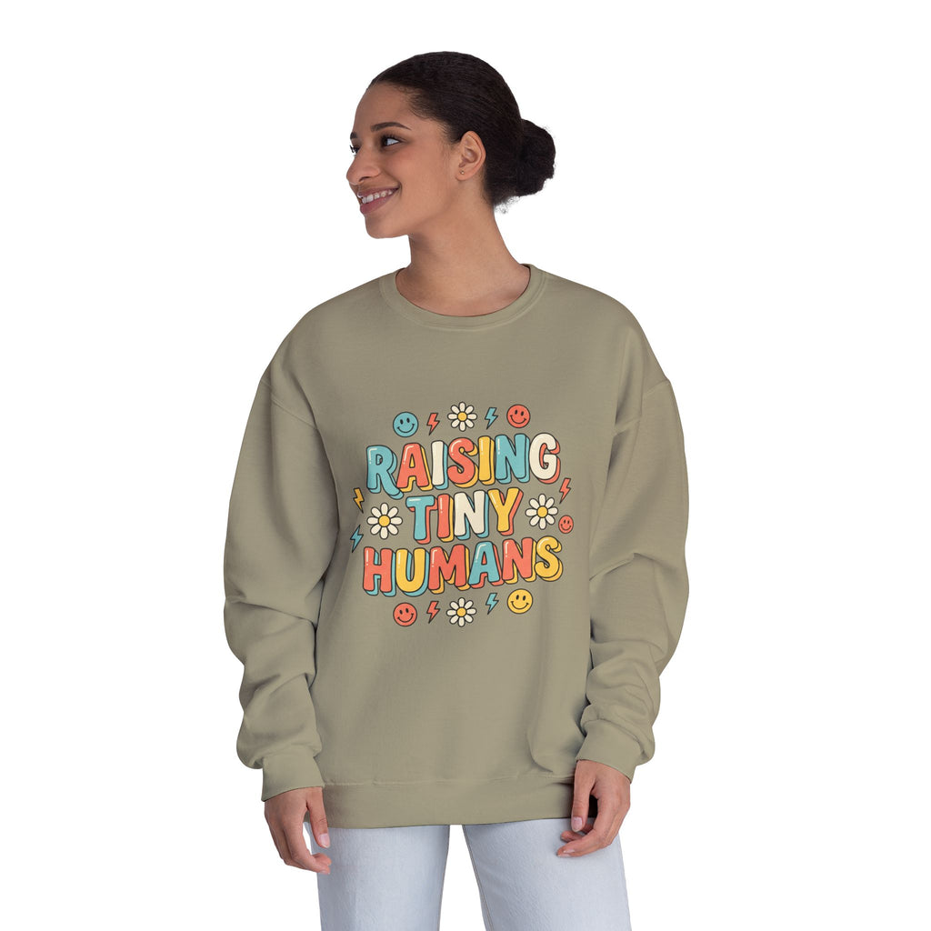 Crewneck Sweatshirt — "Raising Tiny Humans" Colorful Retro Parent Tee