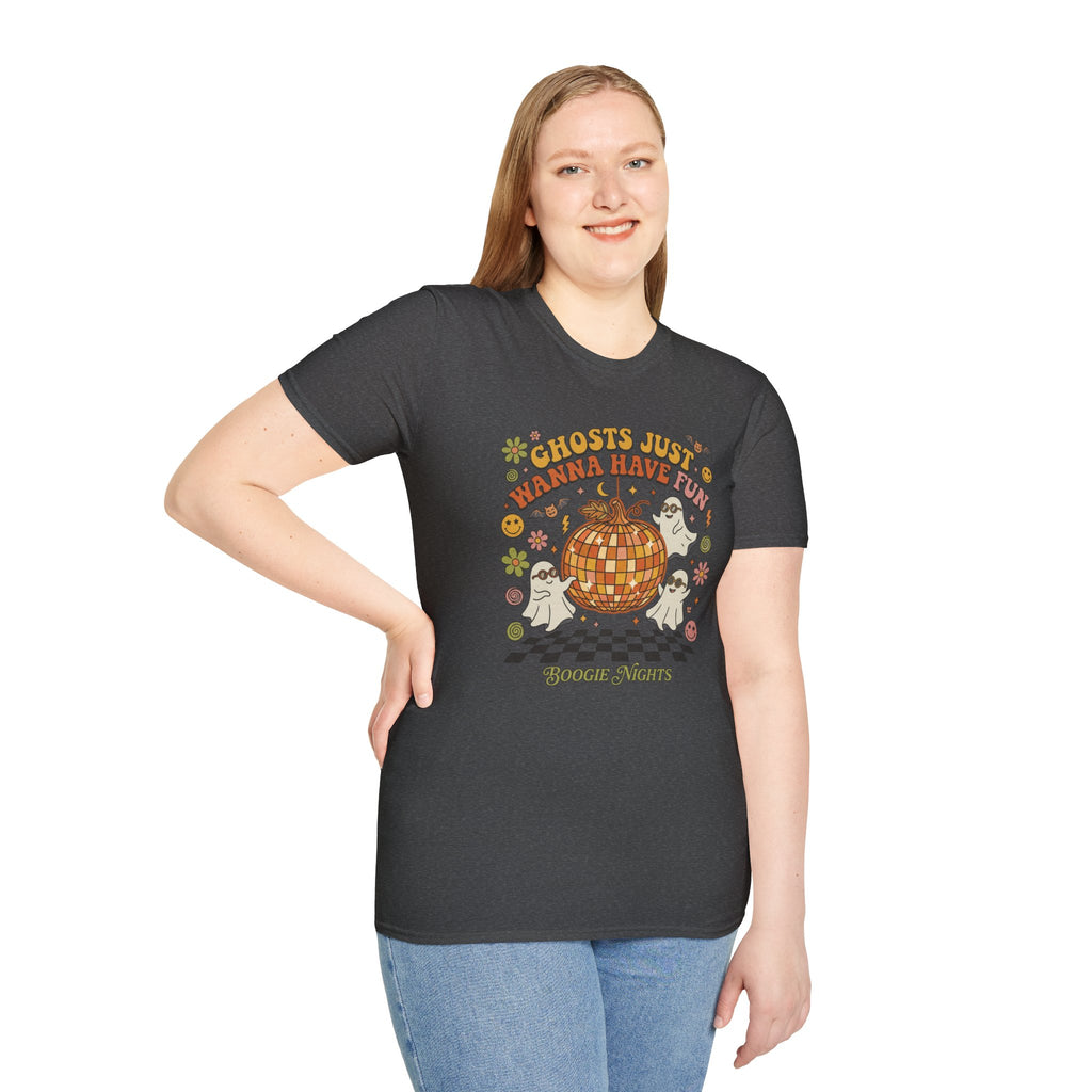 Ghosts Just Wanna Have Fun T-Shirt — Retro Halloween Disco Pumpkin Tee