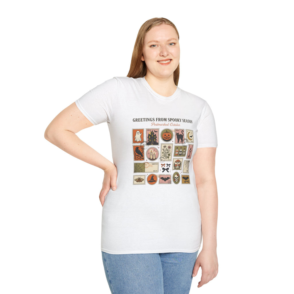 Halloween Stamp Collage T-Shirt — "Greetings From Spooky Season" Vintage Halloween Icons