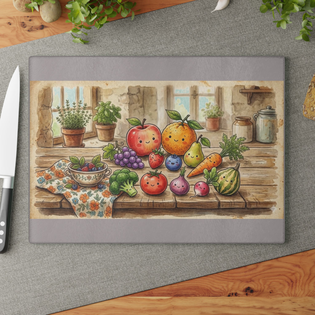 Glass Cutting Board — Charming Farmhouse Fruits Kitchen Cutting Board with Cute Fruit Illustration