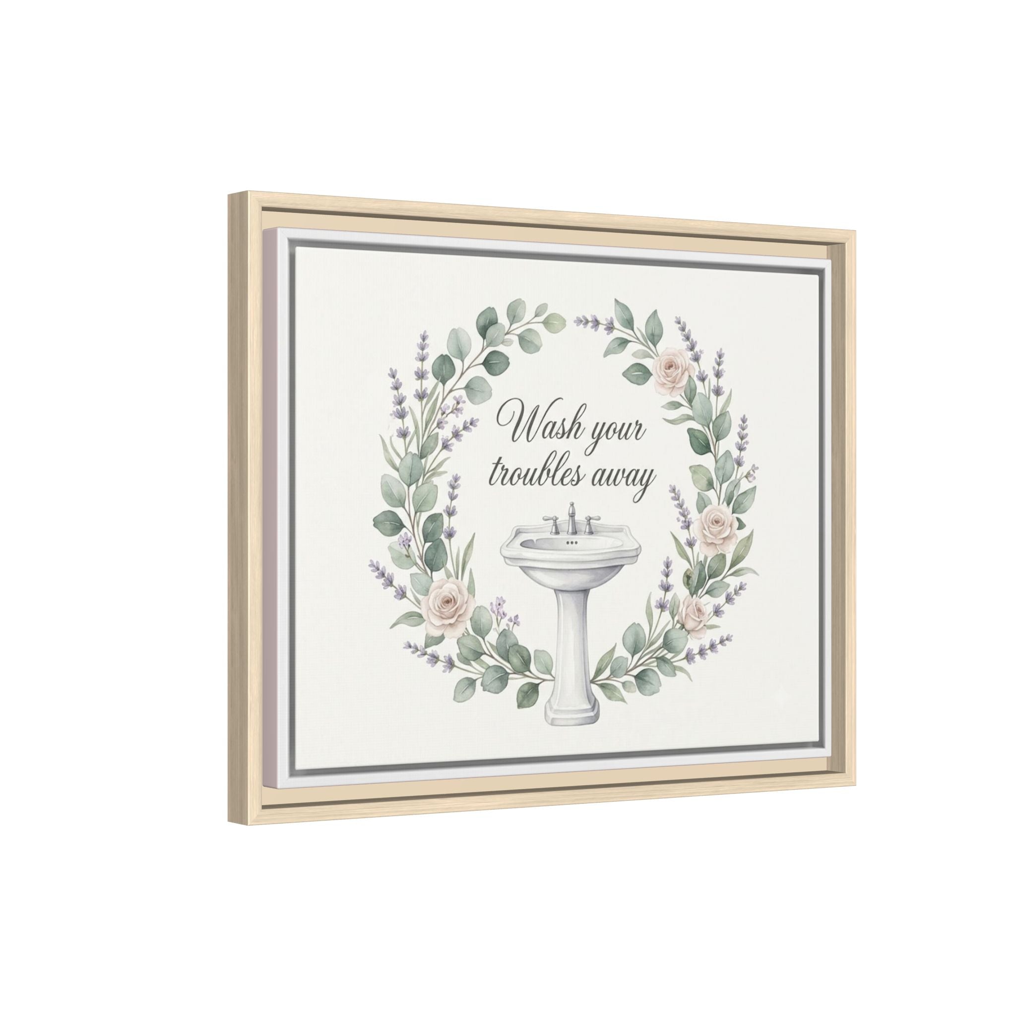 Framed Matte Canvas Wall Art — "Wash Your Troubles Away" Floral Bathroom Sign