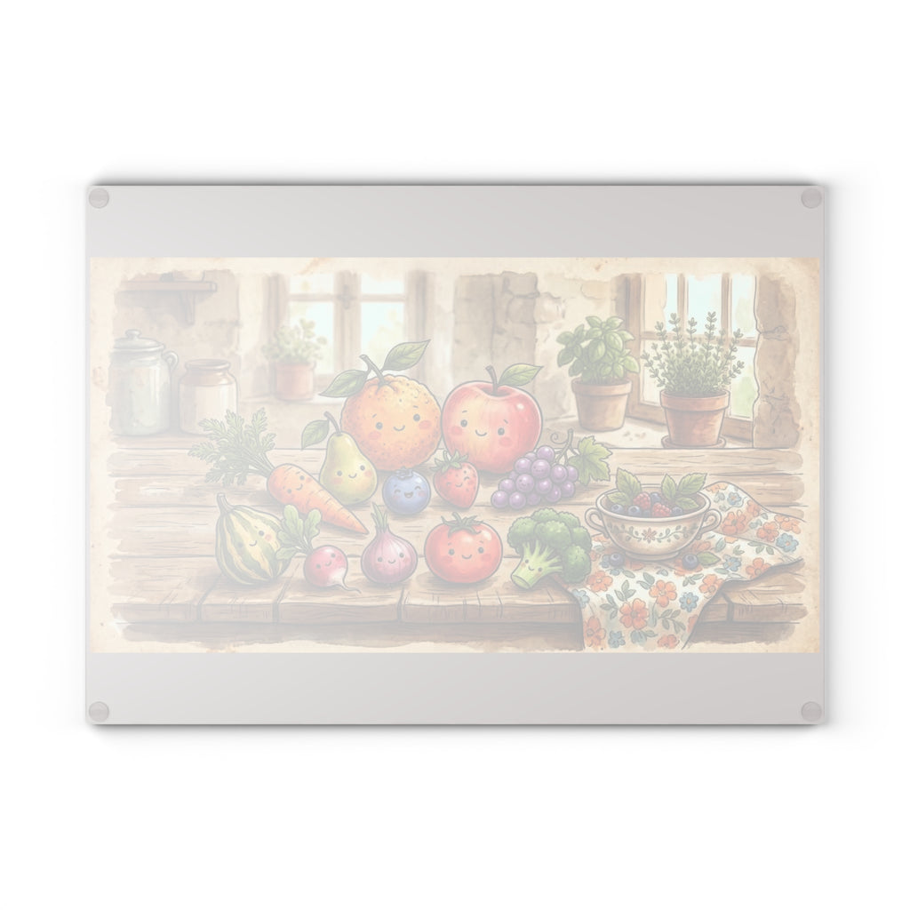 Glass Cutting Board — Charming Farmhouse Fruits Kitchen Cutting Board with Cute Fruit Illustration