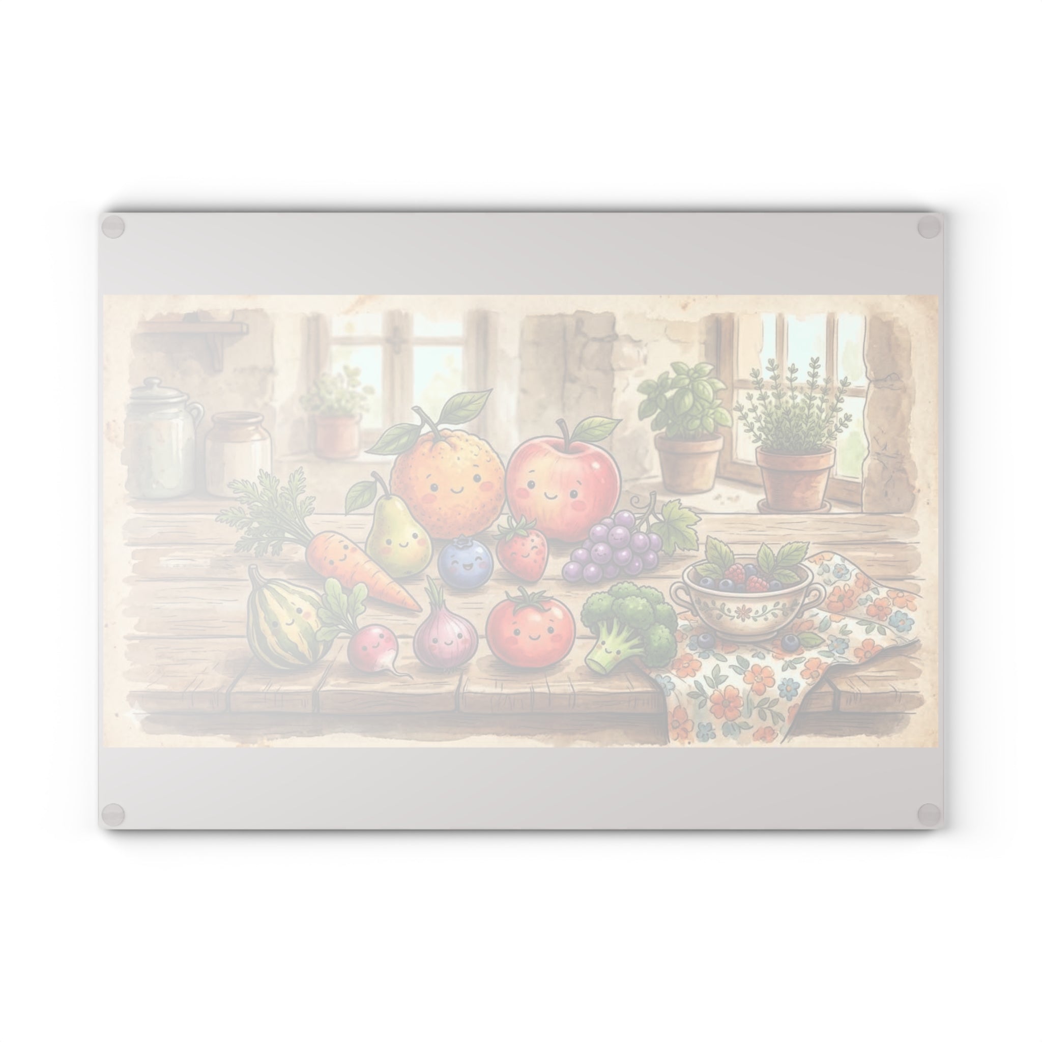 Glass Cutting Board — Charming Farmhouse Fruits Kitchen Cutting Board with Cute Fruit Illustration