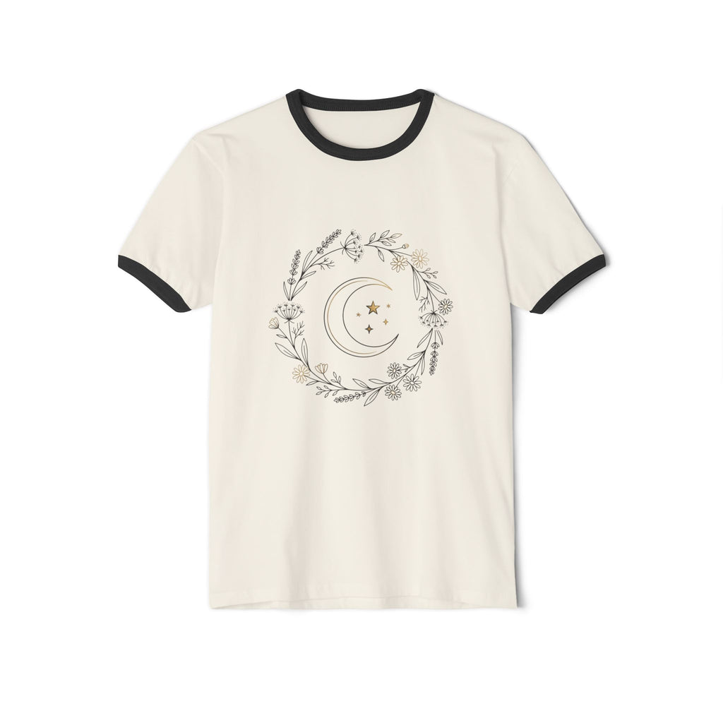Moon & Botanicals Ringer T-Shirt — Vintage Floral Crescent Moon Tee