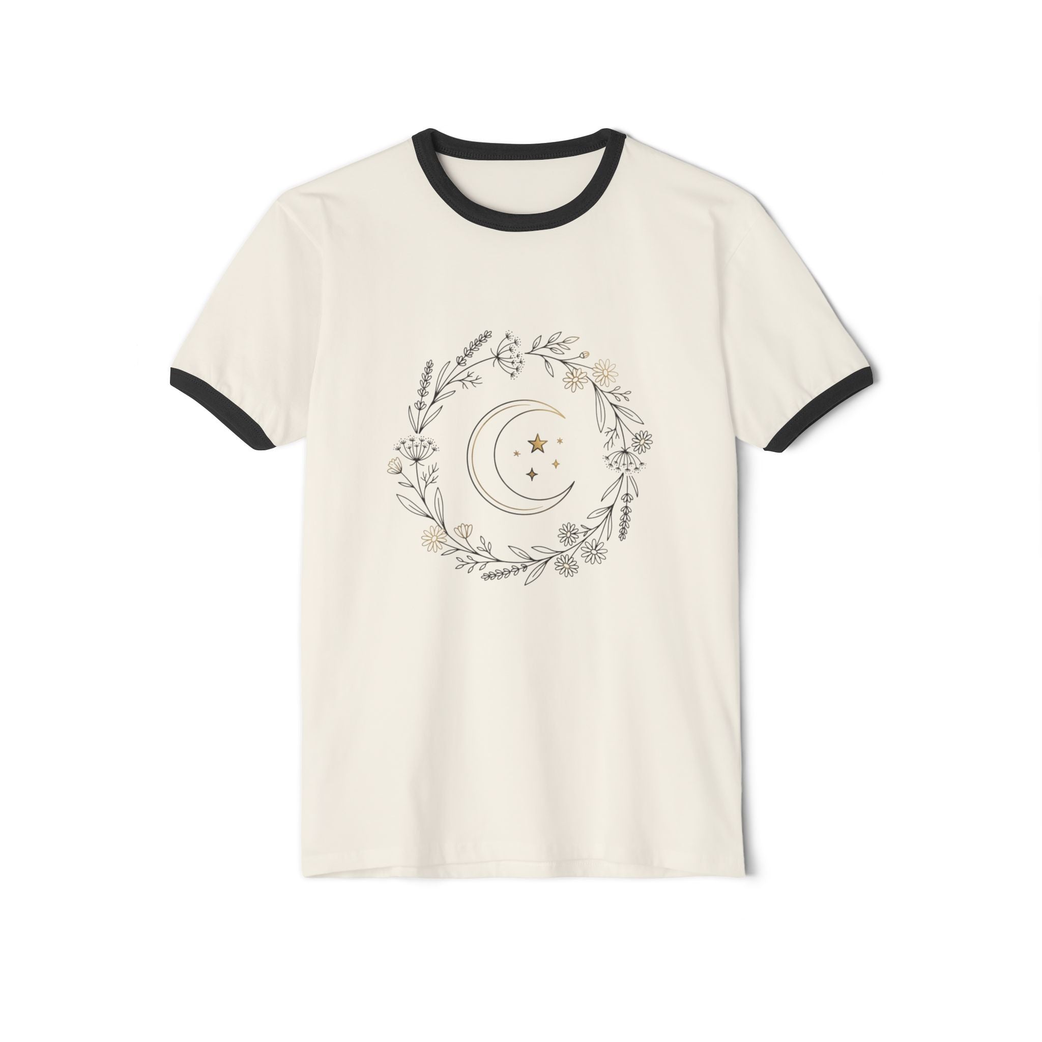 Moon & Botanicals Ringer T-Shirt — Vintage Floral Crescent Moon Tee