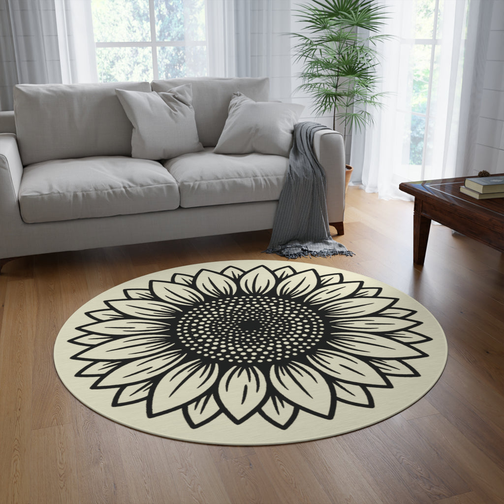 Sunflower Round Rug — Boho Floral Accent Rug for Entryway, Living Room, or Patio