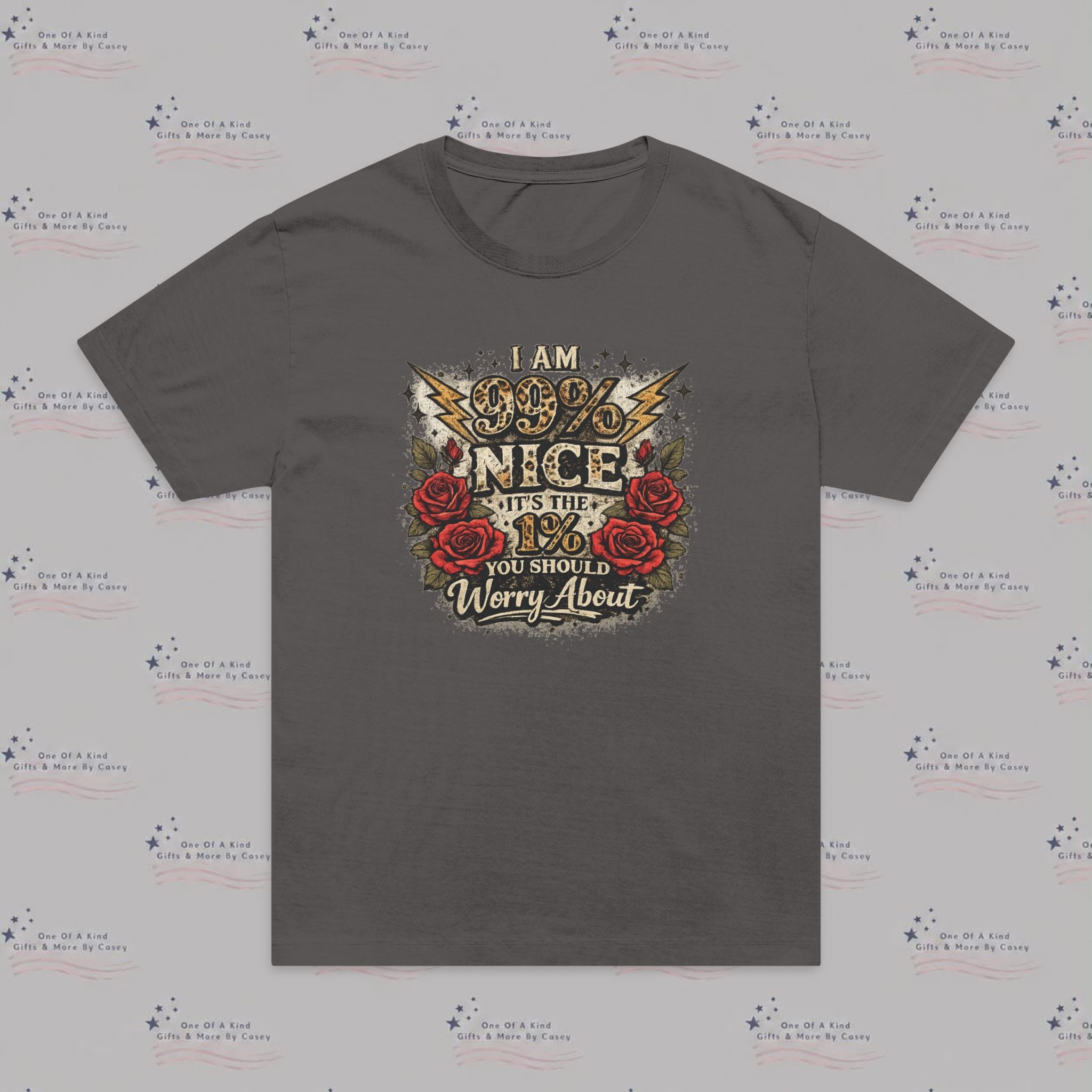 Graphic T-Shirt — "I Am 99% Nice" Vintage Rose Moto Design