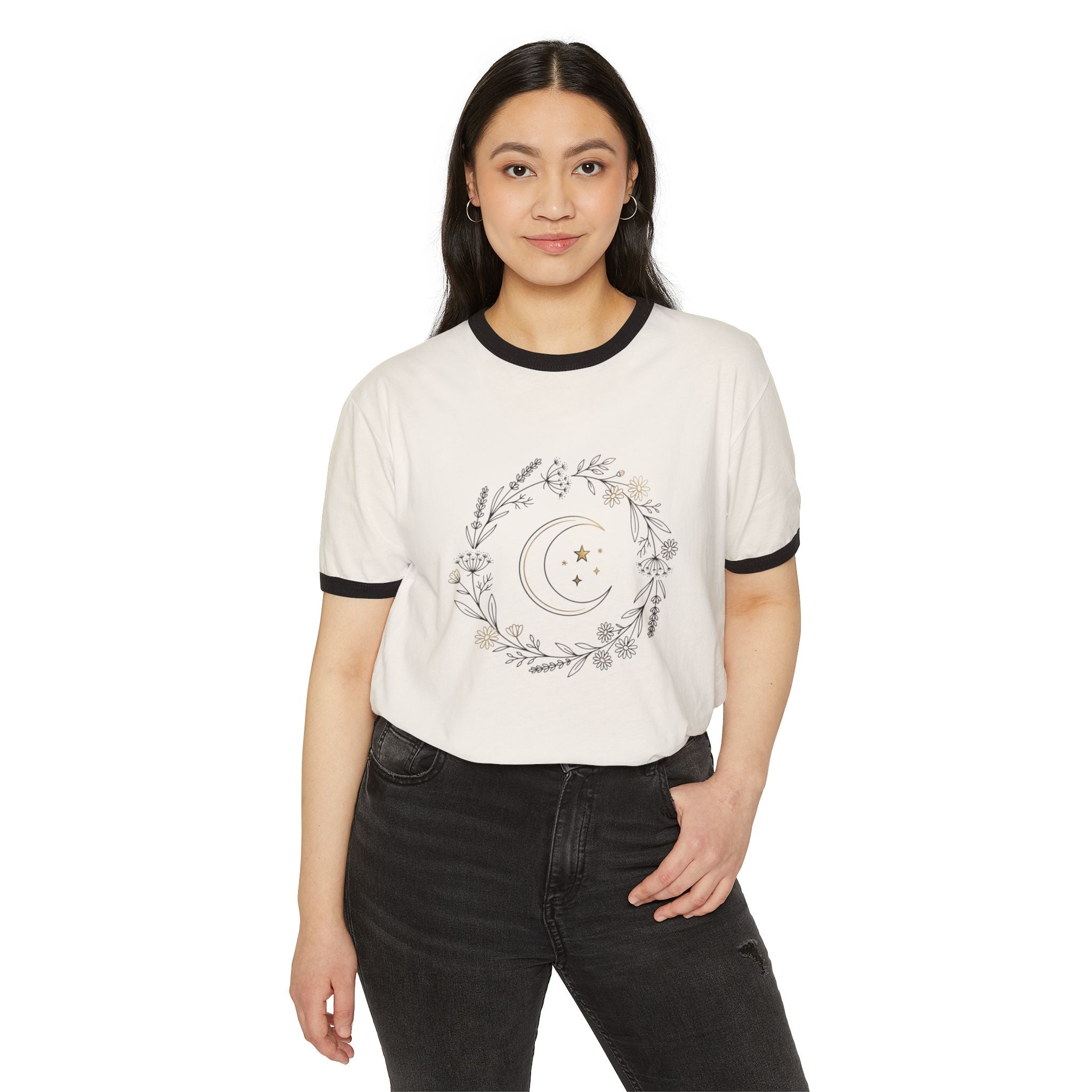 Moon & Botanicals Ringer T-Shirt — Vintage Floral Crescent Moon Tee