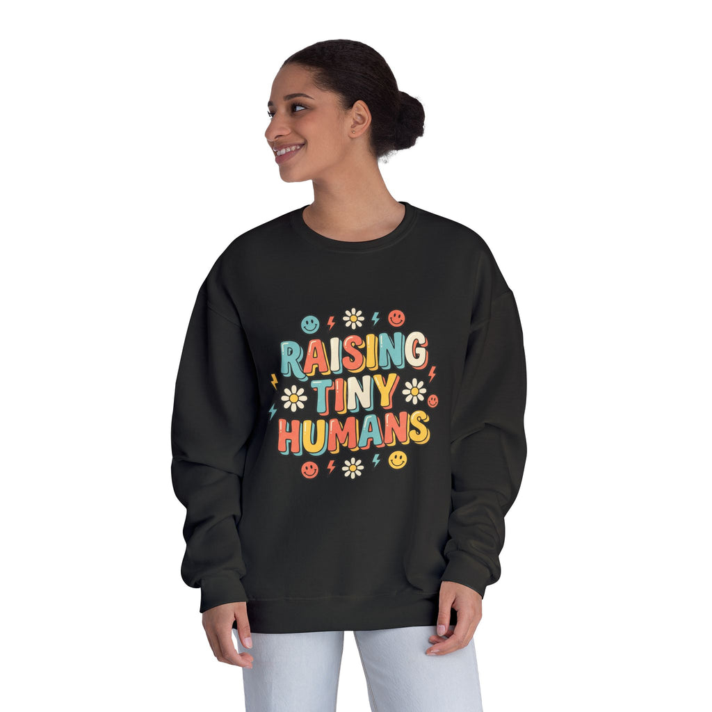 Crewneck Sweatshirt — "Raising Tiny Humans" Colorful Retro Parent Tee