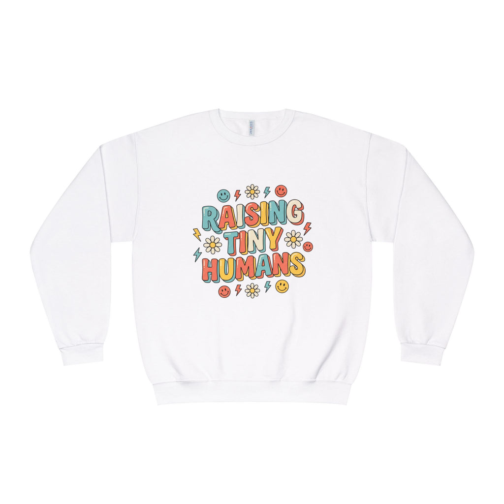 Crewneck Sweatshirt — "Raising Tiny Humans" Colorful Retro Parent Tee