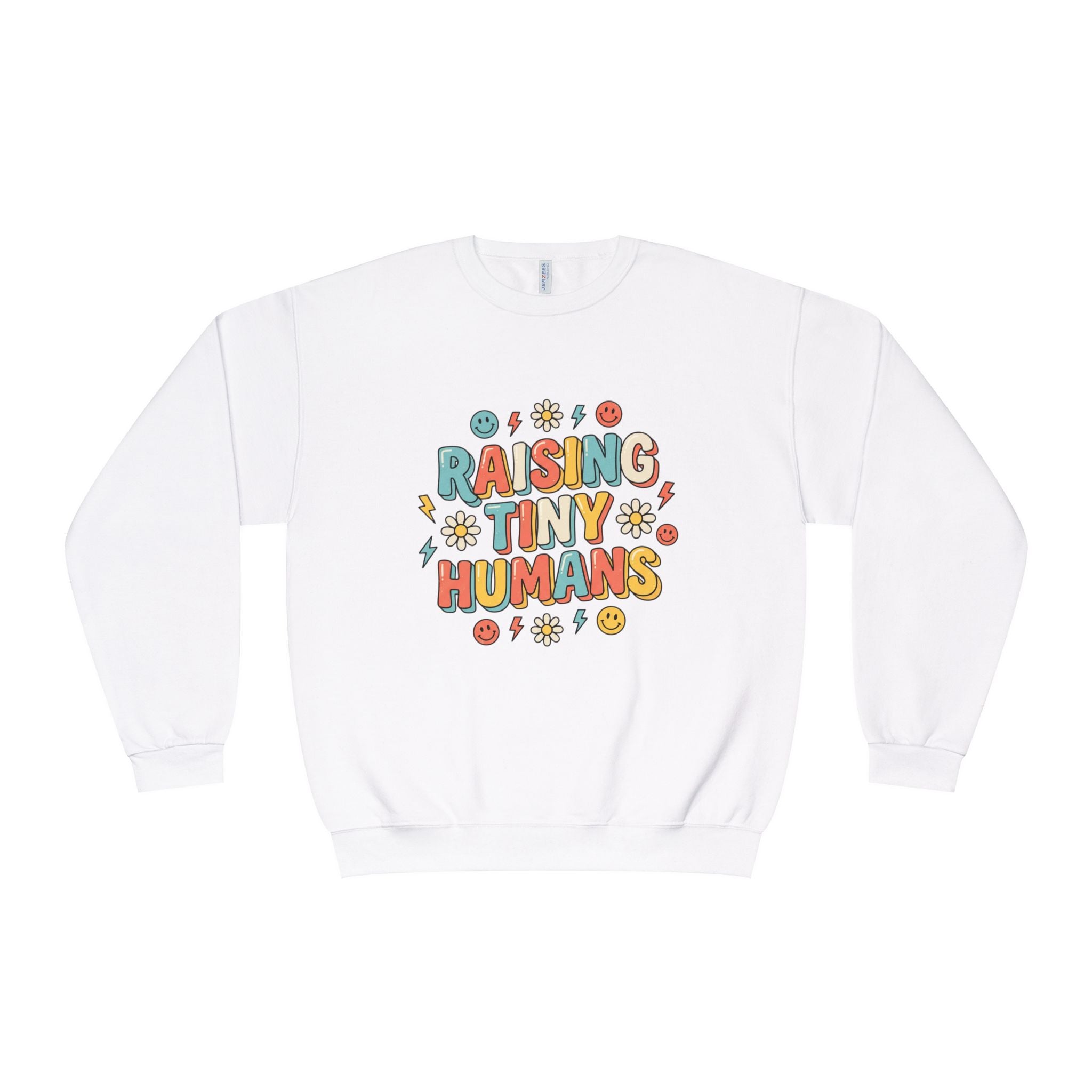 Crewneck Sweatshirt — "Raising Tiny Humans" Colorful Retro Parent Tee