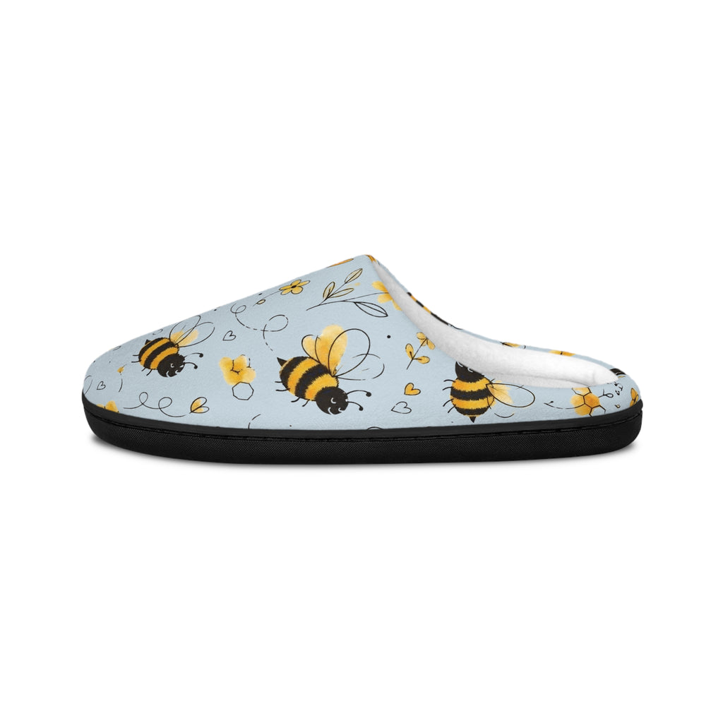 Bee Pattern Women's Indoor Slippers — Cute Yellow Bumblebee Floral Cozy Slip-Ons
