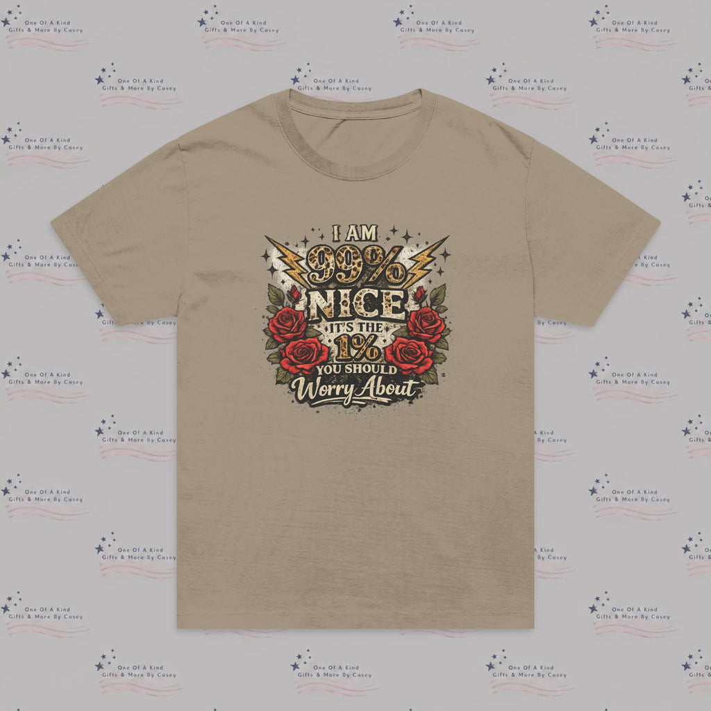 Graphic T-Shirt — "I Am 99% Nice" Vintage Rose Moto Design