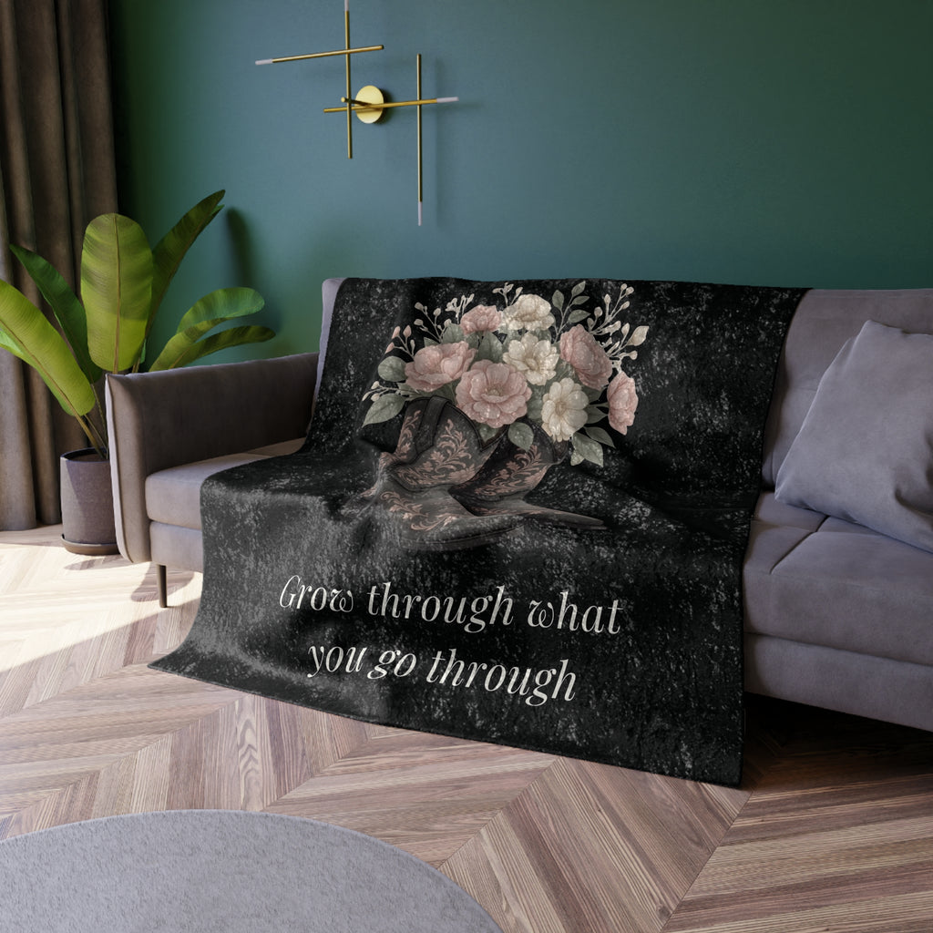 Crushed Velvet Blanket - Floral Cowboy Boots with 'Grow Through What You Go Through' Inspirational Throw