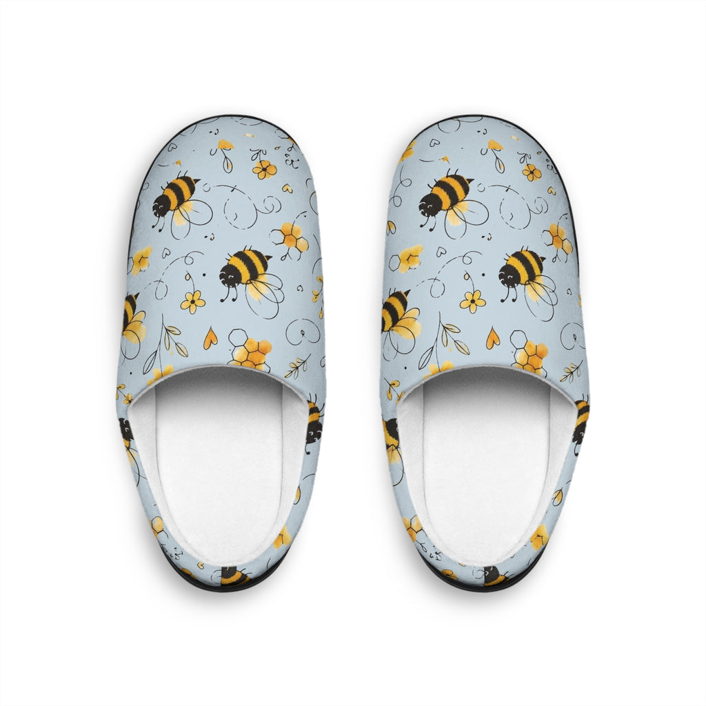 Bee Pattern Women's Indoor Slippers — Cute Yellow Bumblebee Floral Cozy Slip-Ons