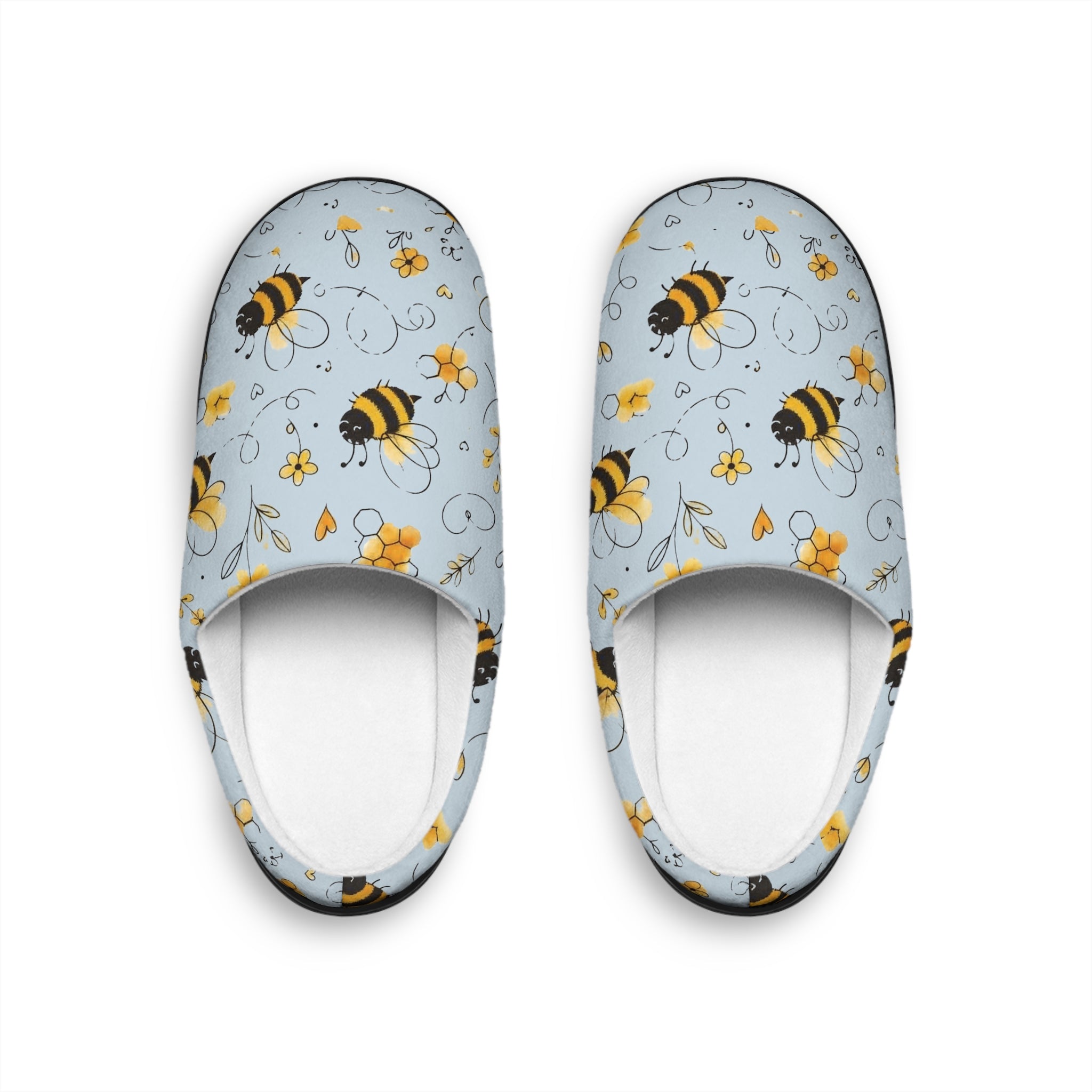 Bee Pattern Women's Indoor Slippers — Cute Yellow Bumblebee Floral Cozy Slip-Ons