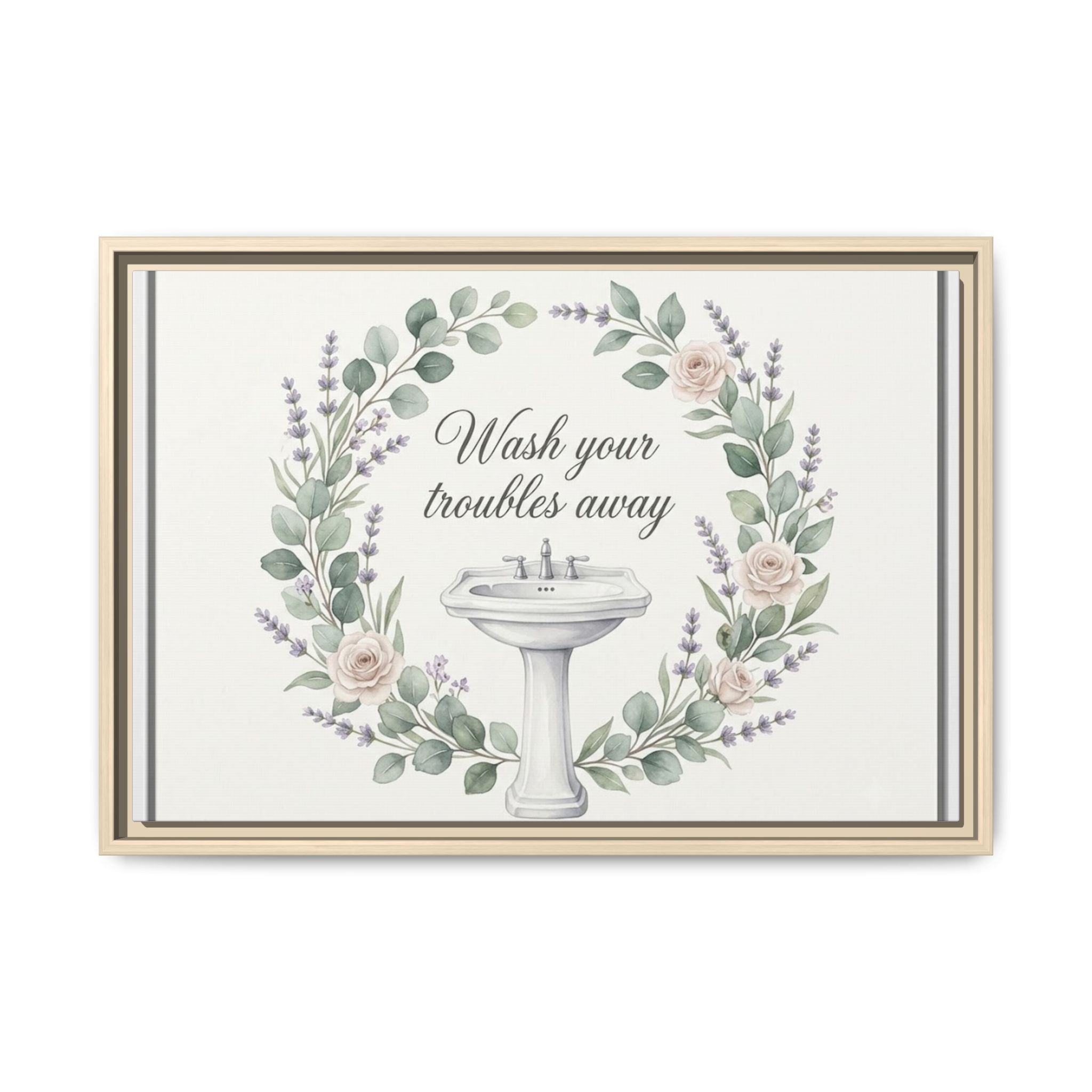 Framed Matte Canvas Wall Art — "Wash Your Troubles Away" Floral Bathroom Sign
